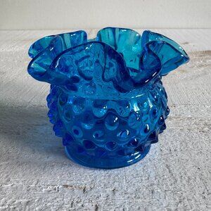 Vintage Small Blue Glass Fenton Hobnail Ruffle Vase